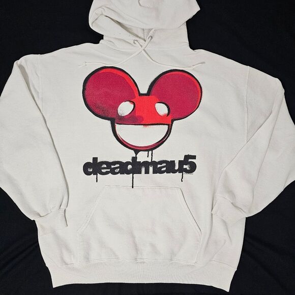 Vintage 2010 Deadmau5 Hoodie XL White Jerzees NuBlend DJ EDM Graphic Sweatshirt - Picture 1 of 7